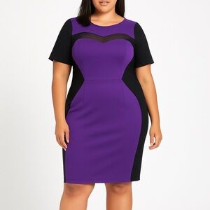 Eloquii Purple Black Mesh Colorblock Sheath Dress 14 Illusion Faux Leather